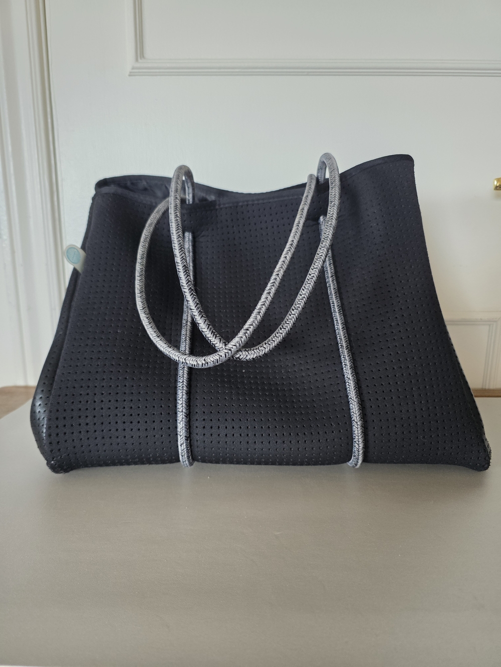 Chuchka Perforated Black Neoprene Tote with Gray Rope Handles